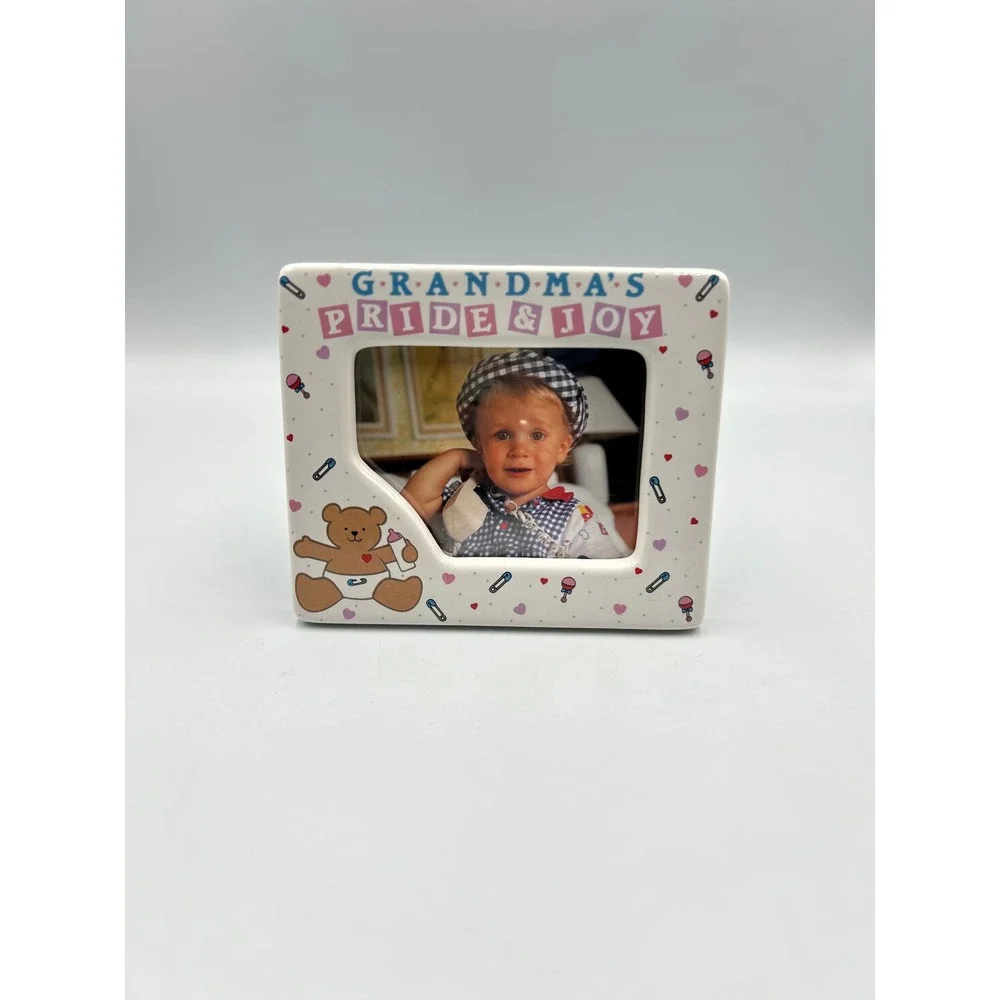 Vintage Ganz Ceramic Picture Frame Grandmas Pride and Joy Teddy Bear White Pink